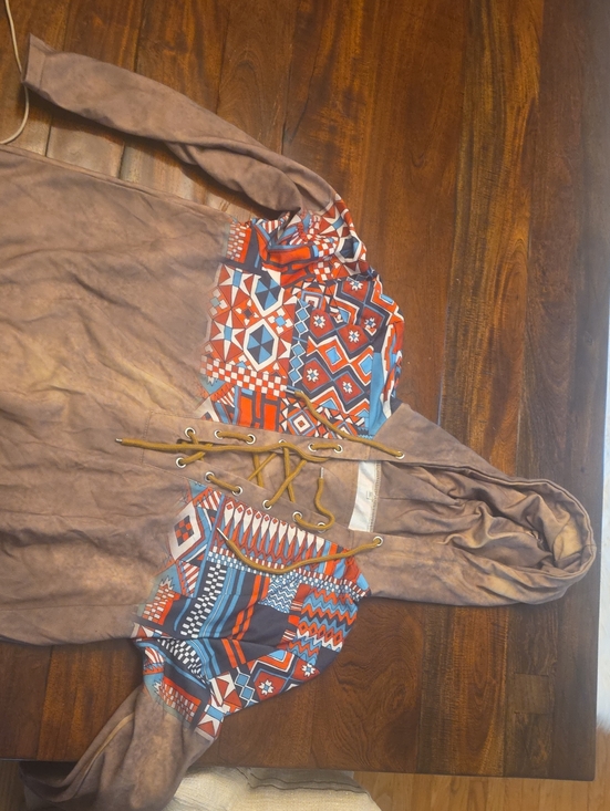 Other - Boho Lace-Up Hoodie with Tribal Print Panels - Rust, Blue, Cream